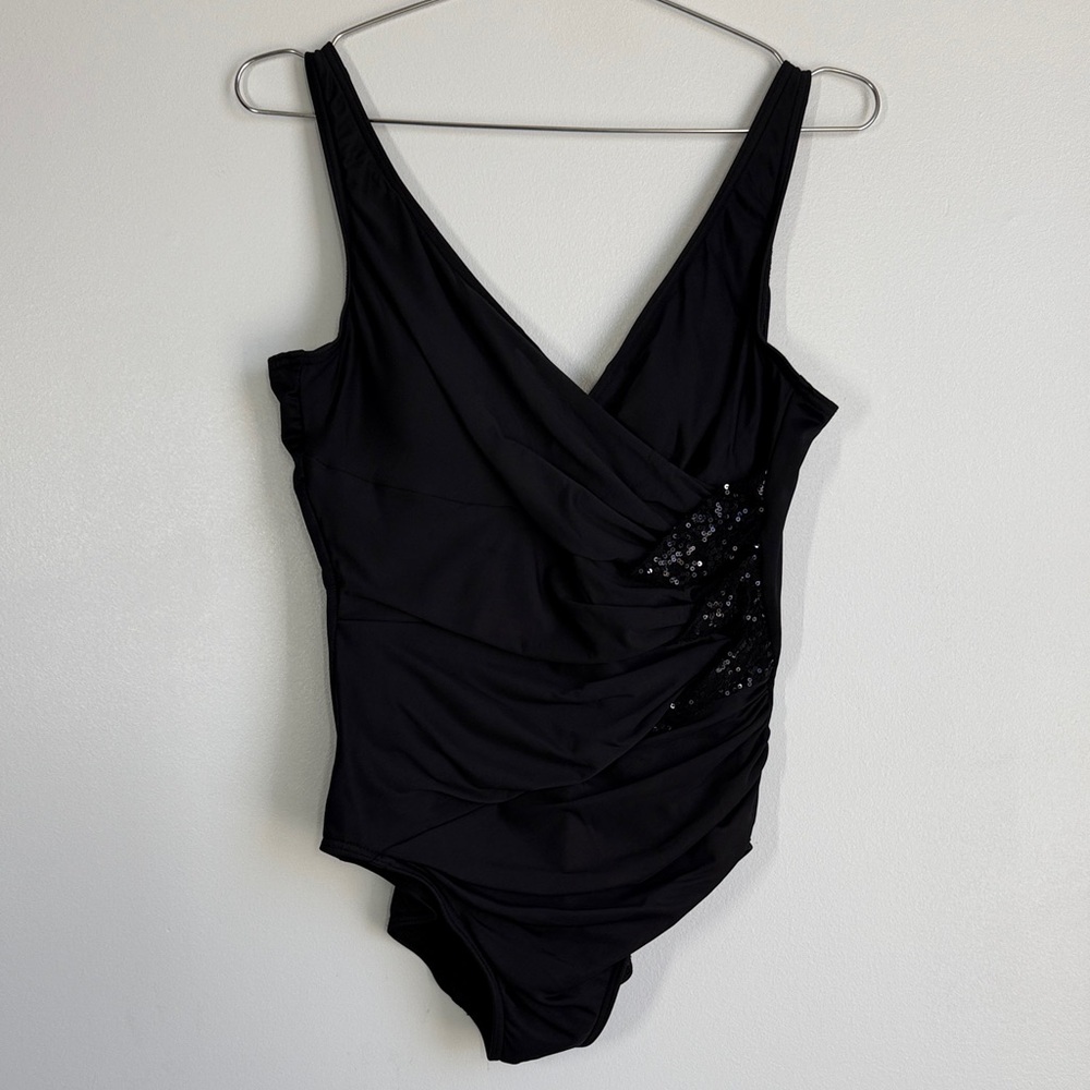 Black Sequin Detail V-Neck One-Piece Swimsuit
